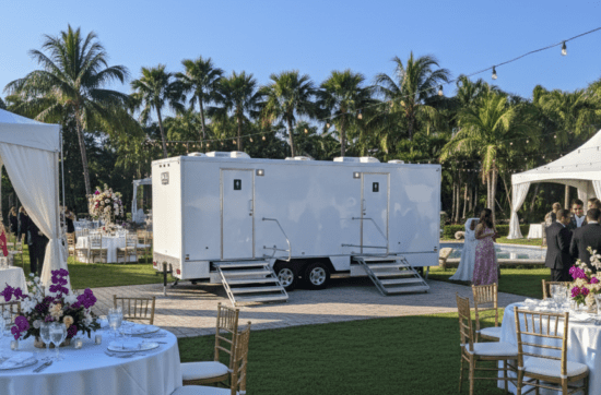 Elegant luxury restroom trailer for high-end wedding at private estate in Miami – YML