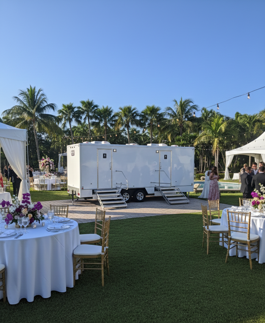 Elegant luxury restroom trailer for high-end wedding at private estate in Miami – YML