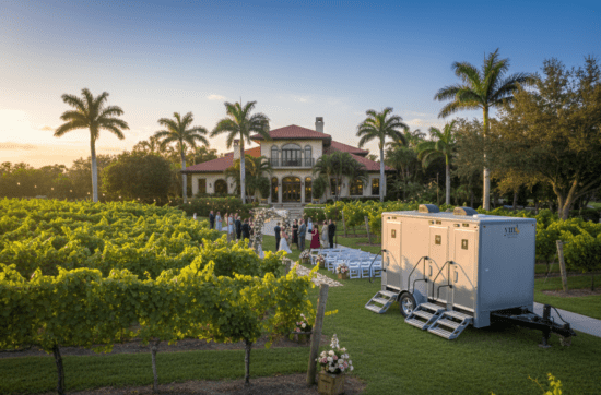 Luxury portable restroom trailer at rustic outdoor wedding venue in South Florida – YML