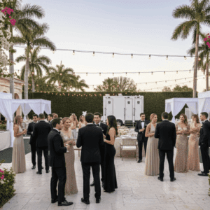 Luxury restroom trailer at tropical outdoor wedding in Miami Florida – YML Portable Restrooms