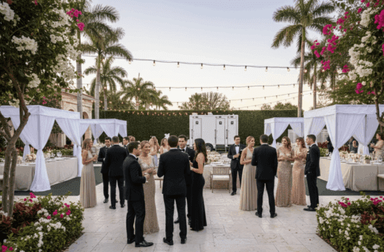 Luxury restroom trailer at tropical outdoor wedding in Miami Florida – YML Portable Restrooms