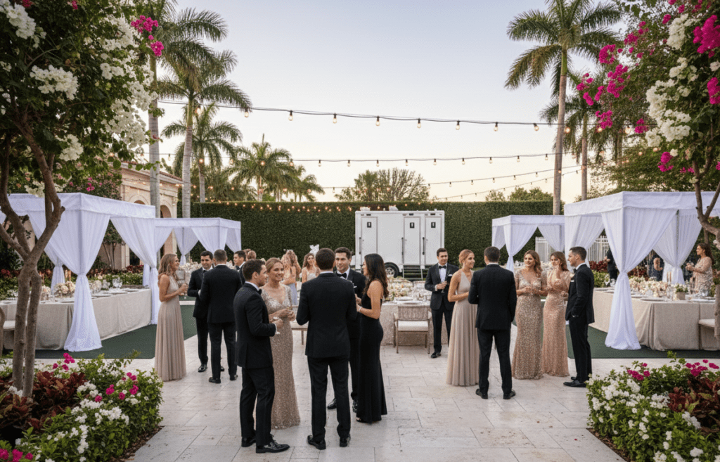 Luxury restroom trailer at tropical outdoor wedding in Miami Florida – YML Portable Restrooms