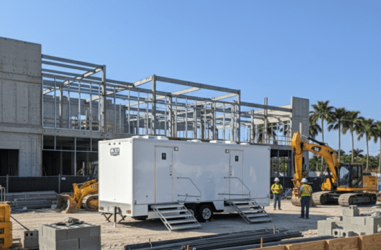 Luxury portable restroom trailer rental for jobsite and construction in Miami – YML