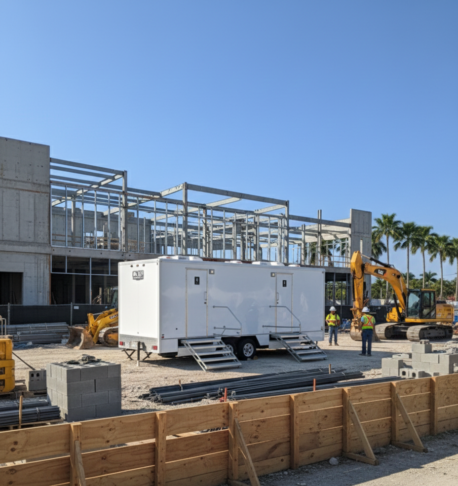 Luxury portable restroom trailer rental for jobsite and construction in Miami – YML