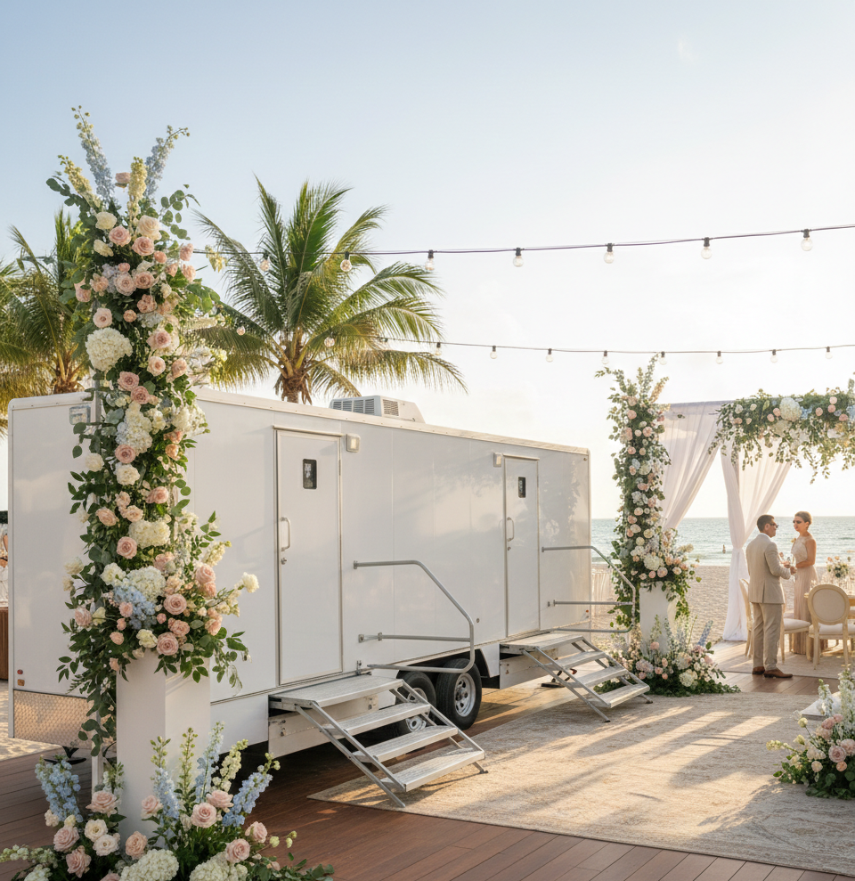Luxury portable restroom trailer at elegant Miami wedding venue – YML Portable Restrooms