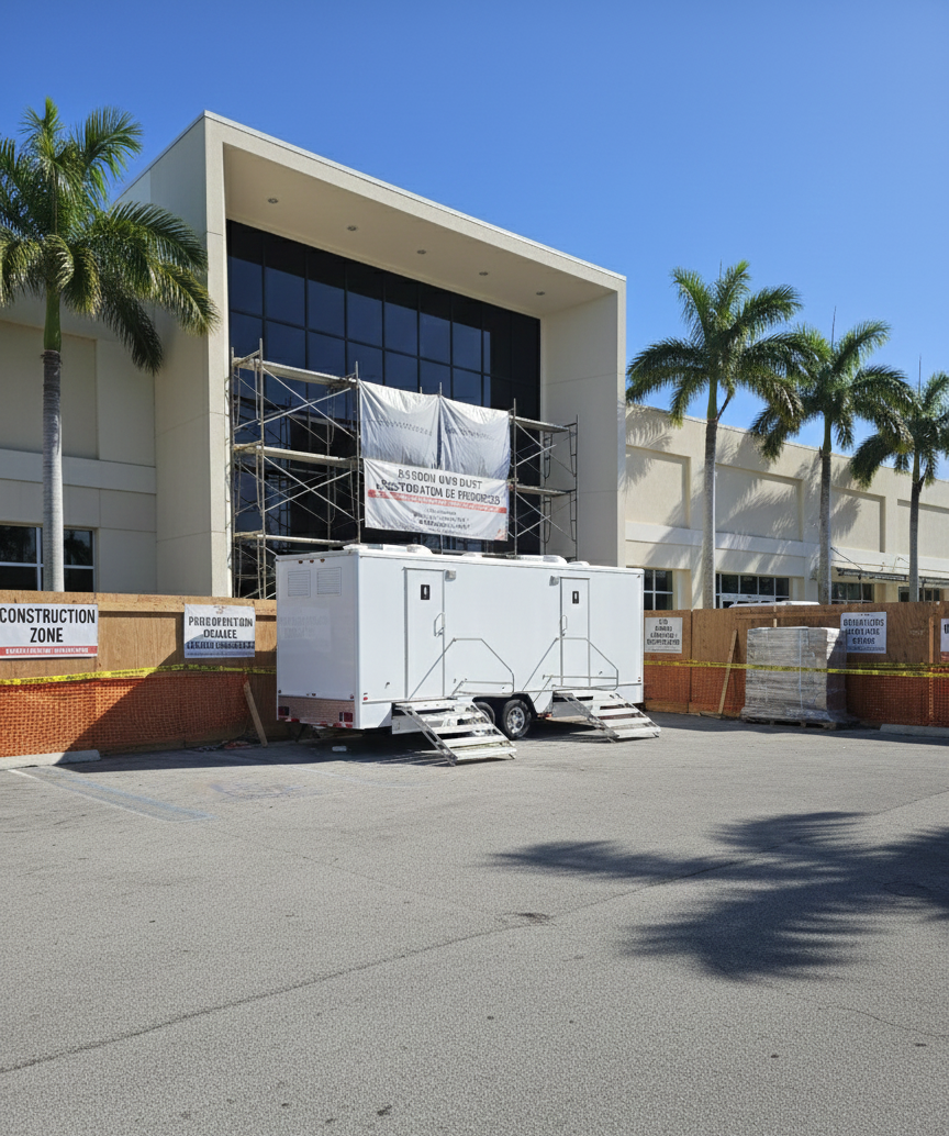 Portable restroom trailer rental for business remodel and renovation in Miami – YML