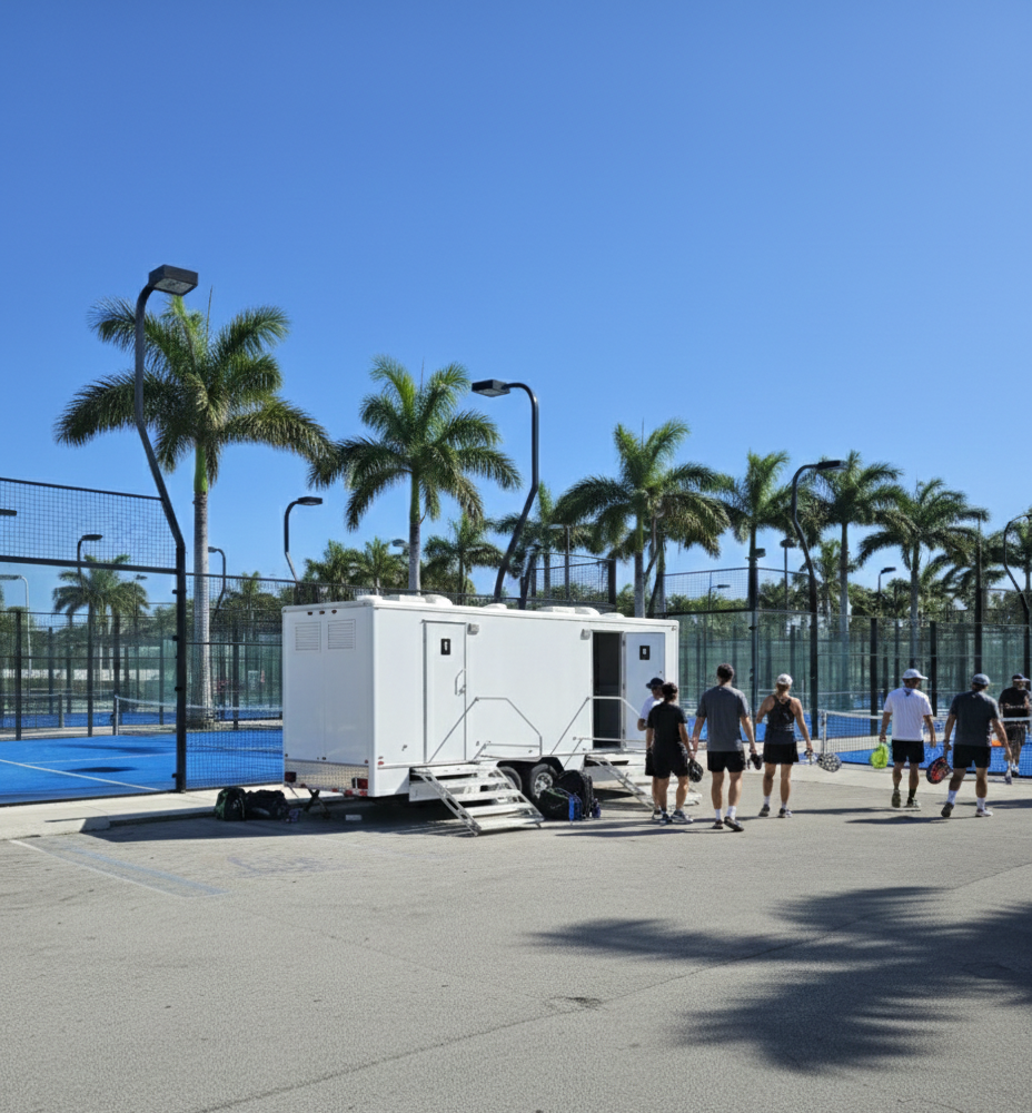 YML luxury portable restroom trailer at padel tennis club with players and palm trees in South Florida