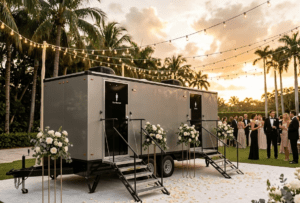 Luxury restroom trailer rental for outdoor wedding in Florida by YML Portable Restrooms