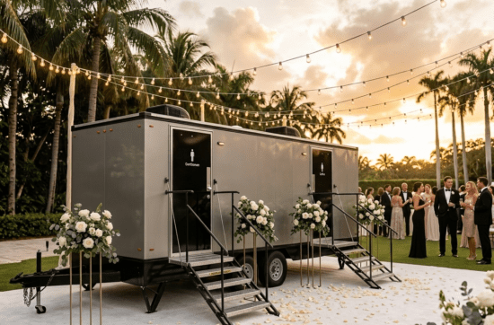 Luxury restroom trailer rental for outdoor wedding in Florida by YML Portable Restrooms