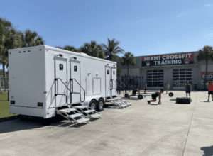 YML Platinum Shower Combo portable restroom and shower trailer for long-term rental Florida