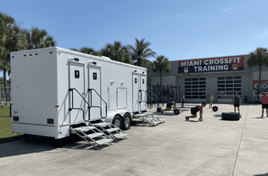 YML Platinum Shower Combo portable restroom and shower trailer for long-term rental Florida